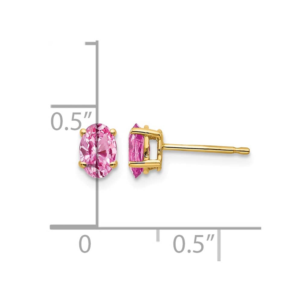 14K Yellow Gold 6x4mm Oval Pink Sapphire Post Earrings, view 4 of 4