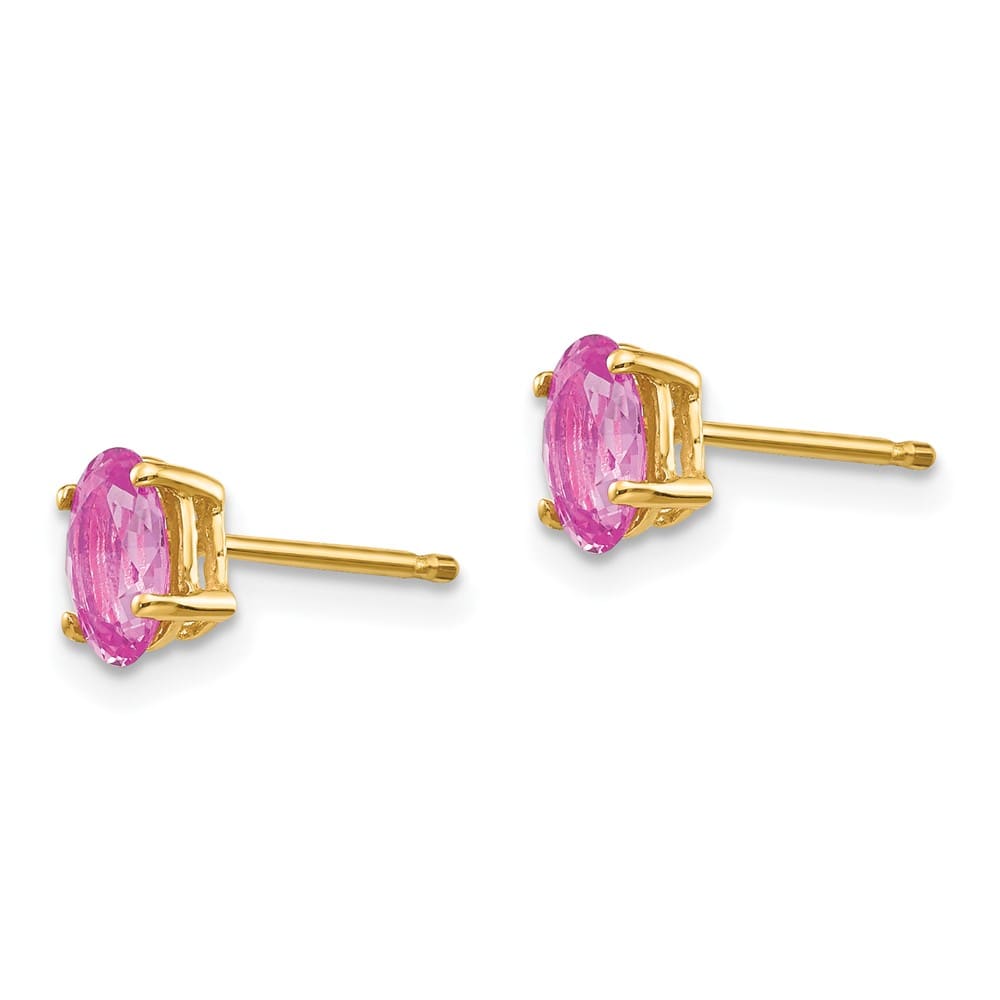 14K Yellow Gold 6x4mm Oval Pink Sapphire Post Earrings, view 2 of 4