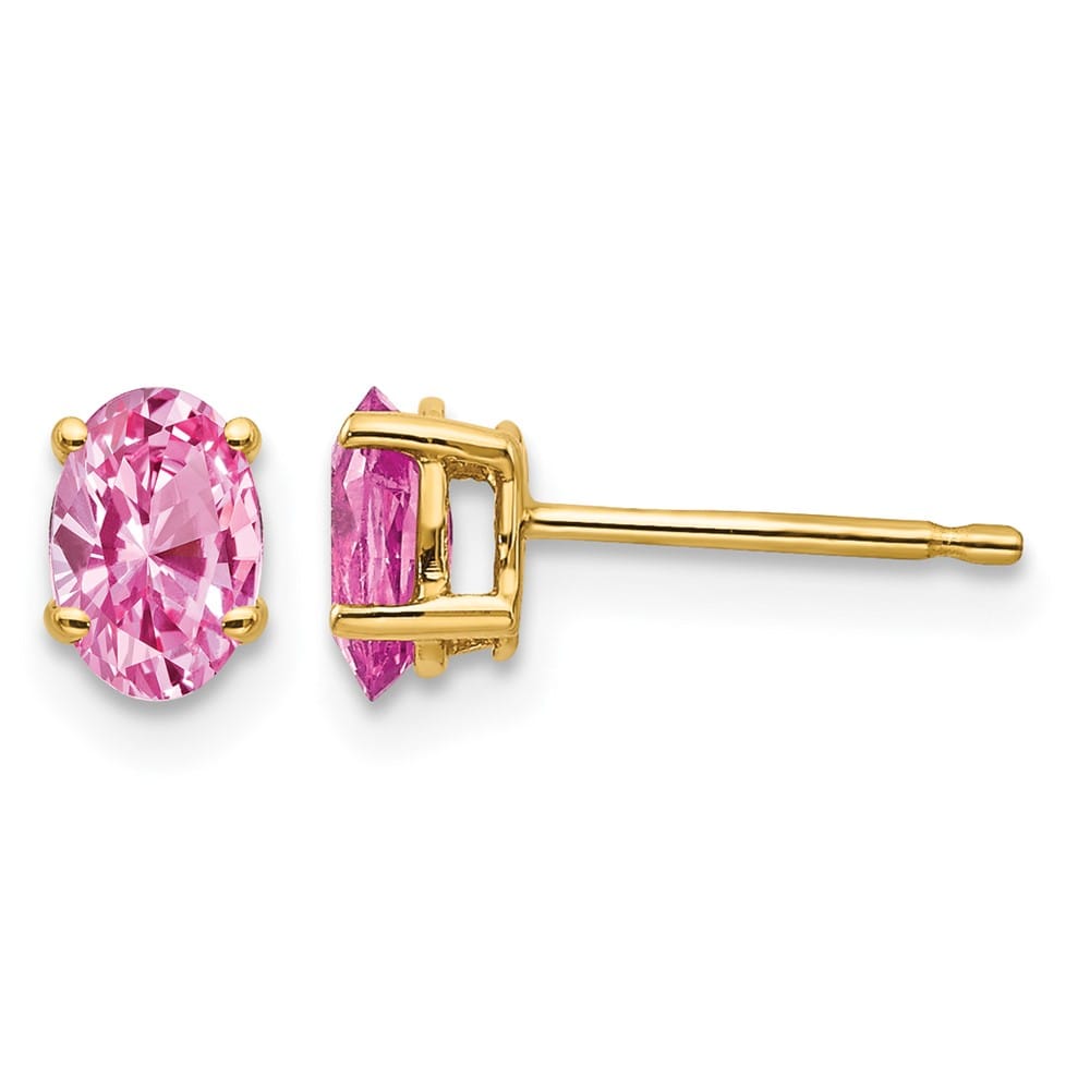 14K Yellow Gold 6x4mm Oval Pink Sapphire Post Earrings, view 1 of 4