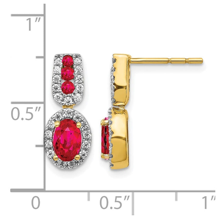 14K Yellow Gold 6x4mm Oval Ruby and Diamond Halo Post Earrings, view 4 of 4