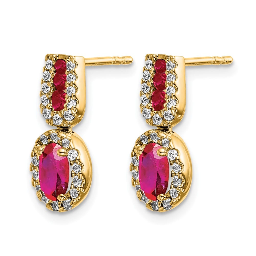 14K Yellow Gold 6x4mm Oval Ruby and Diamond Halo Post Earrings, view 2 of 4