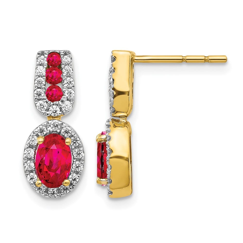 14K Yellow Gold 6x4mm Oval Ruby and Diamond Halo Post Earrings, view 1 of 4