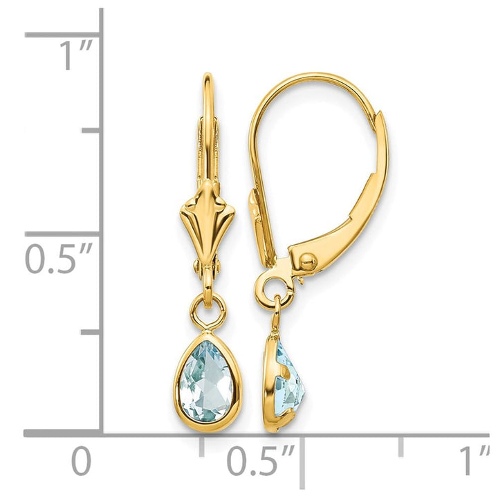 14K Yellow Gold 6x4mm Pear Bezel March/Aquamarine Leverback Earrings, view 4 of 4