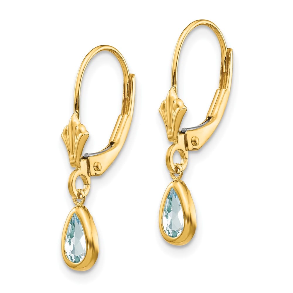 14K Yellow Gold 6x4mm Pear Bezel March/Aquamarine Leverback Earrings, view 2 of 4