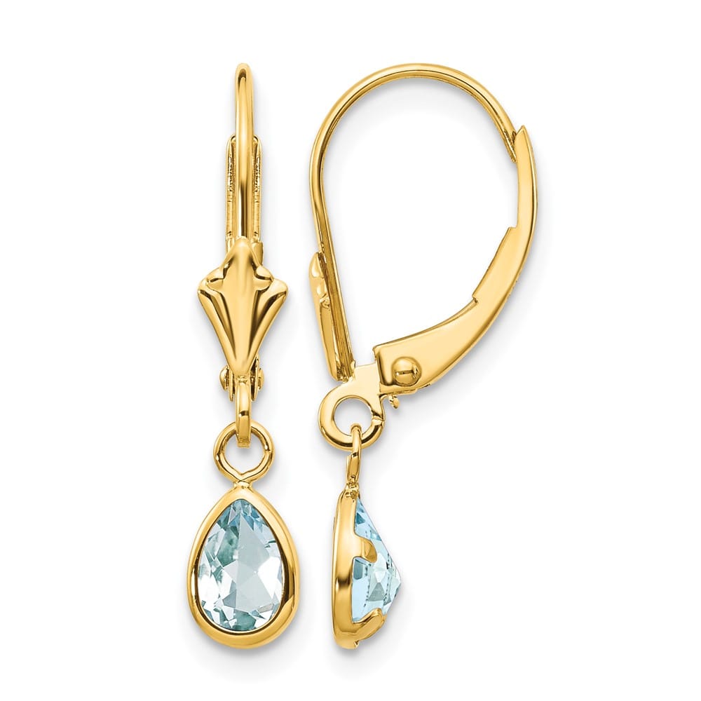 14K Yellow Gold 6x4mm Pear Bezel March/Aquamarine Leverback Earrings, view 1 of 4