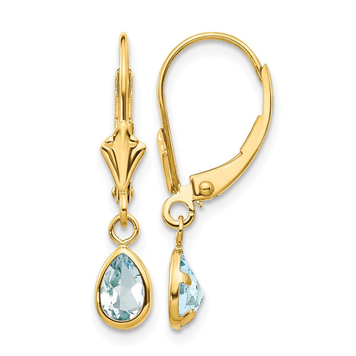 14K Yellow Gold 6x4mm Pear Bezel March/Aquamarine Leverback Earrings, view 1 of 4