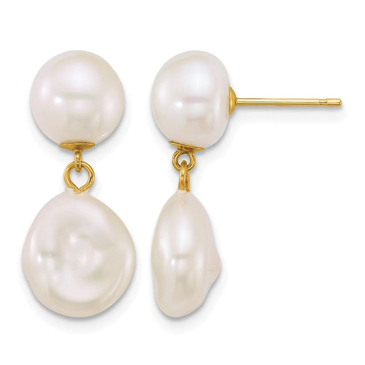 14K Yellow Gold 7-10mm Button and Baroque White Freshwater Earrings