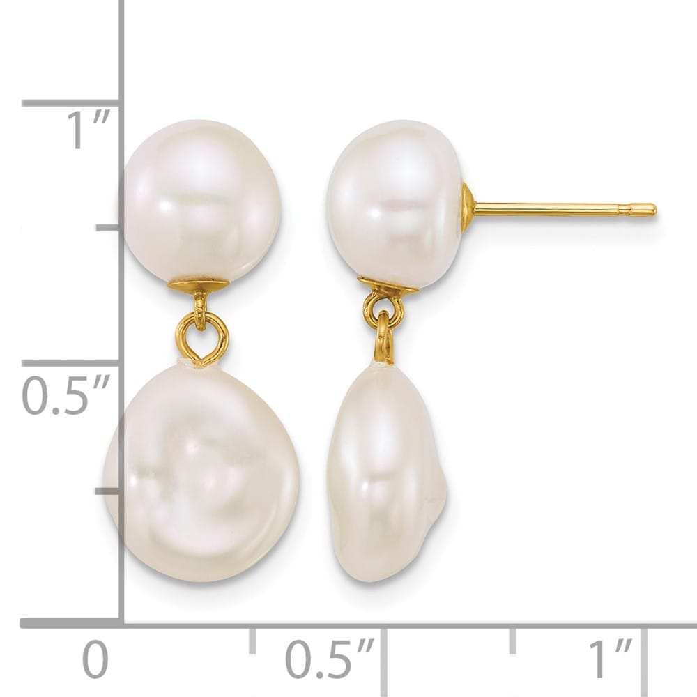 14K Yellow Gold 7-10mm Button and Baroque White Freshwater Earrings