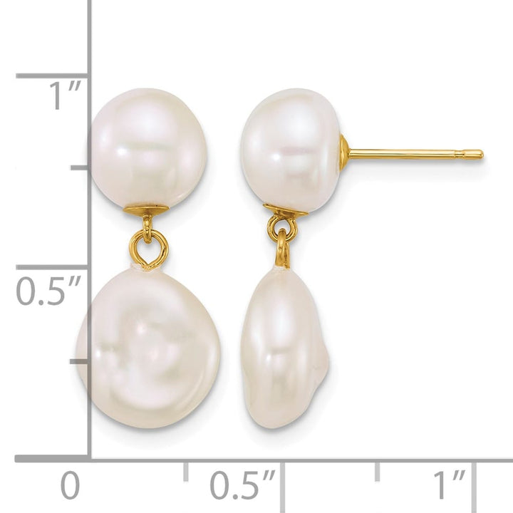 14K Yellow Gold 7-10mm Button and Baroque White Freshwater Earrings