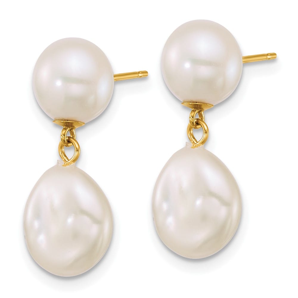 14K Yellow Gold 7-10mm Button and Baroque White Freshwater Earrings