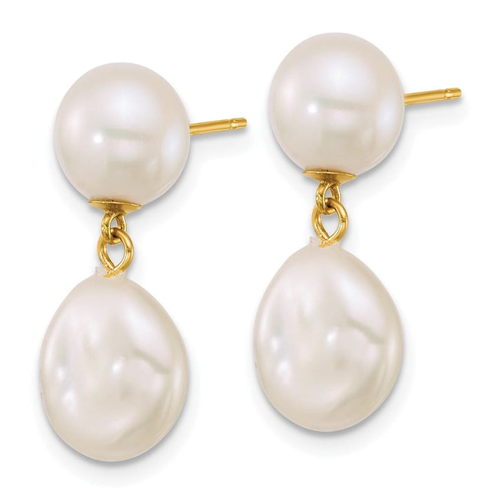 14K Yellow Gold 7-10mm Button and Baroque White Freshwater Earrings
