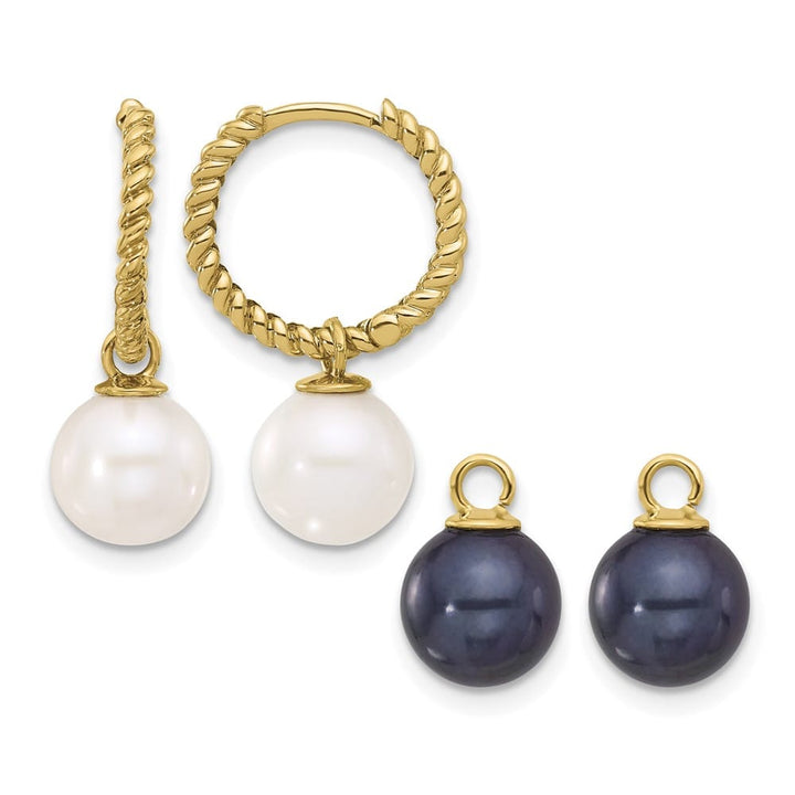 14K Yellow Gold 7-8mm Black and White Freshwater Pearl Earrings