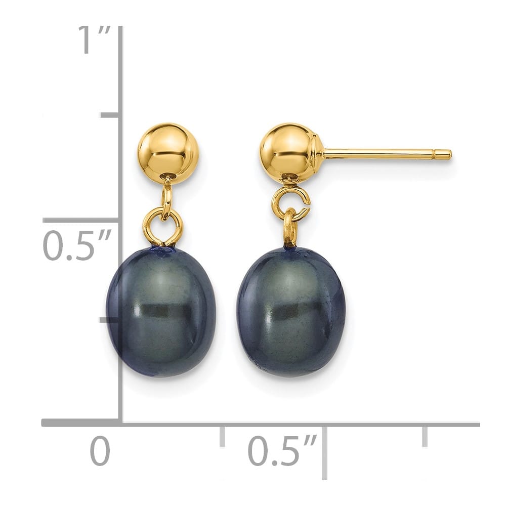 14K Yellow Gold 7-8mm Black Rice Freshwater Pearl Dangle Post Earrings