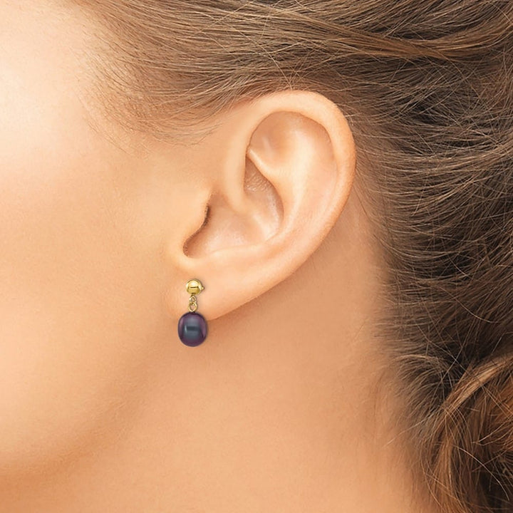 14K Yellow Gold 7-8mm Black Rice Freshwater Pearl Dangle Post Earrings