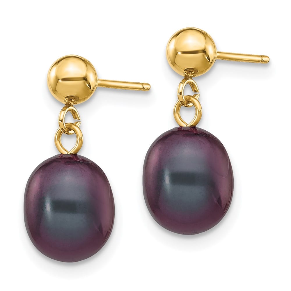 14K Yellow Gold 7-8mm Black Rice Freshwater Pearl Dangle Post Earrings
