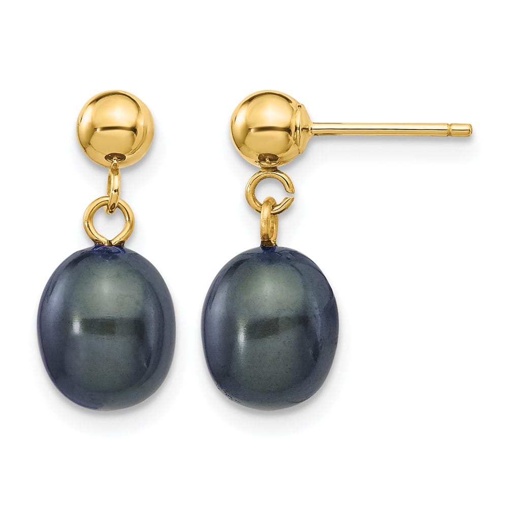 14K Yellow Gold 7-8mm Black Rice Freshwater Pearl Dangle Post Earrings
