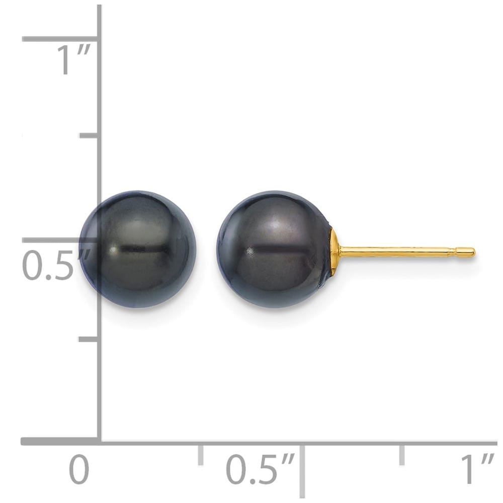 14K Yellow Gold 7-8mm Black Round Akoya Saltwater Pearl Post Earrings, view 4 of 4