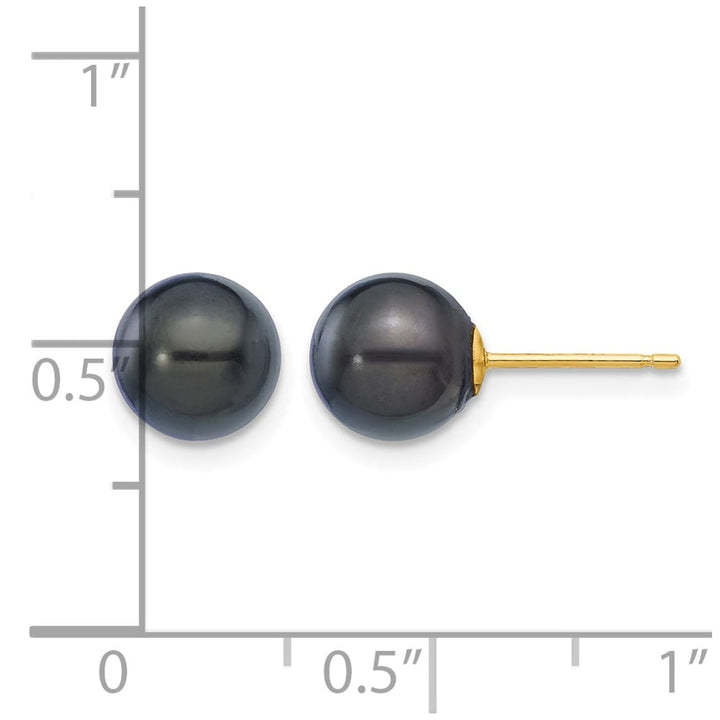 14K Yellow Gold 7-8mm Black Round Akoya Saltwater Pearl Post Earrings, view 4 of 4