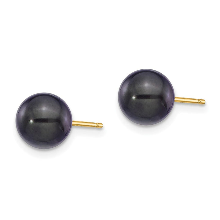 14K Yellow Gold 7-8mm Black Round Akoya Saltwater Pearl Post Earrings, view 2 of 4