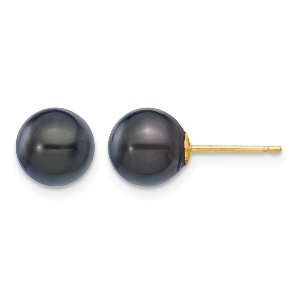 14K Yellow Gold 7-8mm Black Round Akoya Saltwater Pearl Post Earrings, view 1 of 4