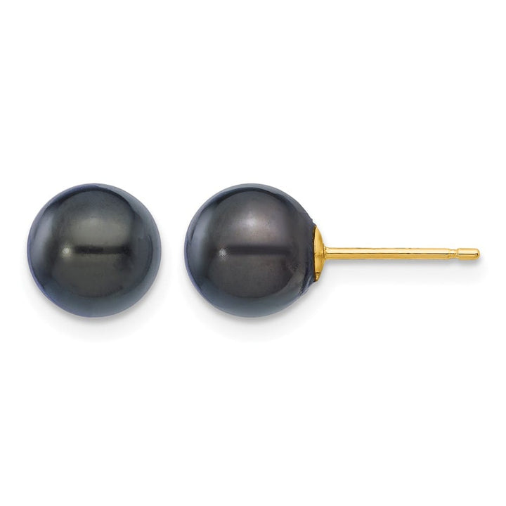 14K Yellow Gold 7-8mm Black Round Akoya Saltwater Pearl Post Earrings, view 1 of 4