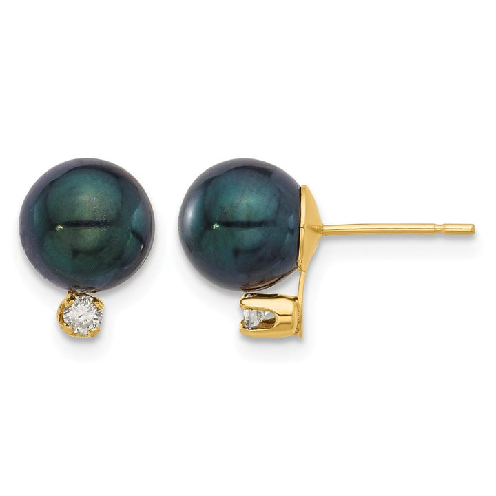 14K Yellow Gold 7-8mm Black Round Pearl Carat Diamond Post Earrings, view 1 of 4