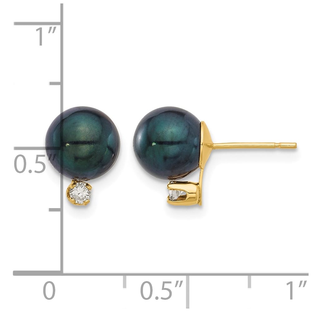 14K Yellow Gold 7-8mm Black Round Pearl Carat Diamond Post Earrings, view 4 of 4