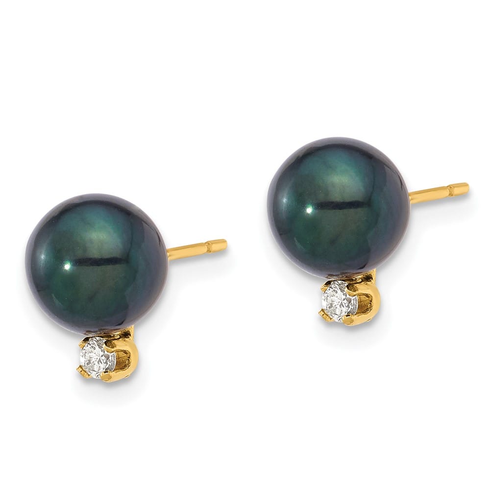 14K Yellow Gold 7-8mm Black Round Pearl Carat Diamond Post Earrings, view 2 of 4