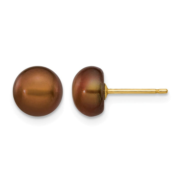 14K Yellow Gold 7-8mm Brown Button Freshwater Pearl Stud Post Earrings