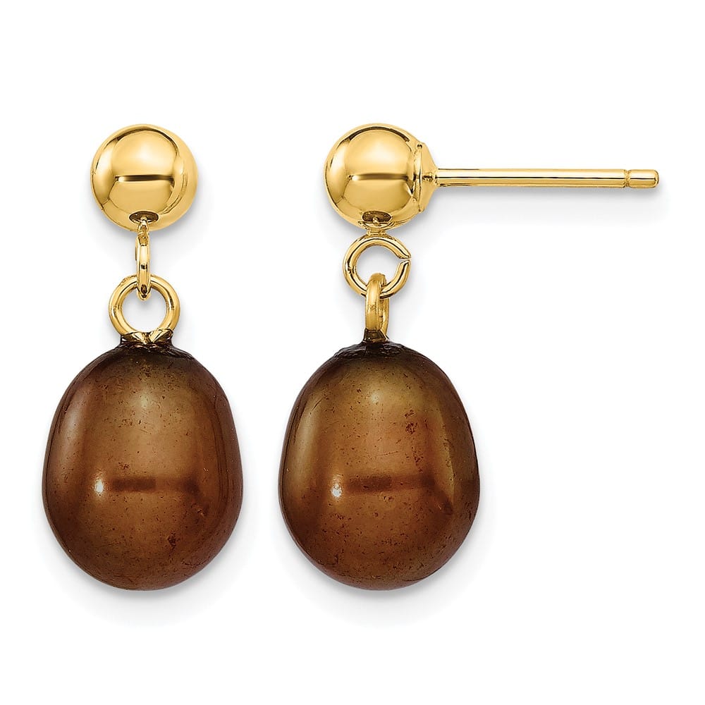 14K Yellow Gold 7-8mm Brown Rice Freshwater Pearl Dangle Post Earrings