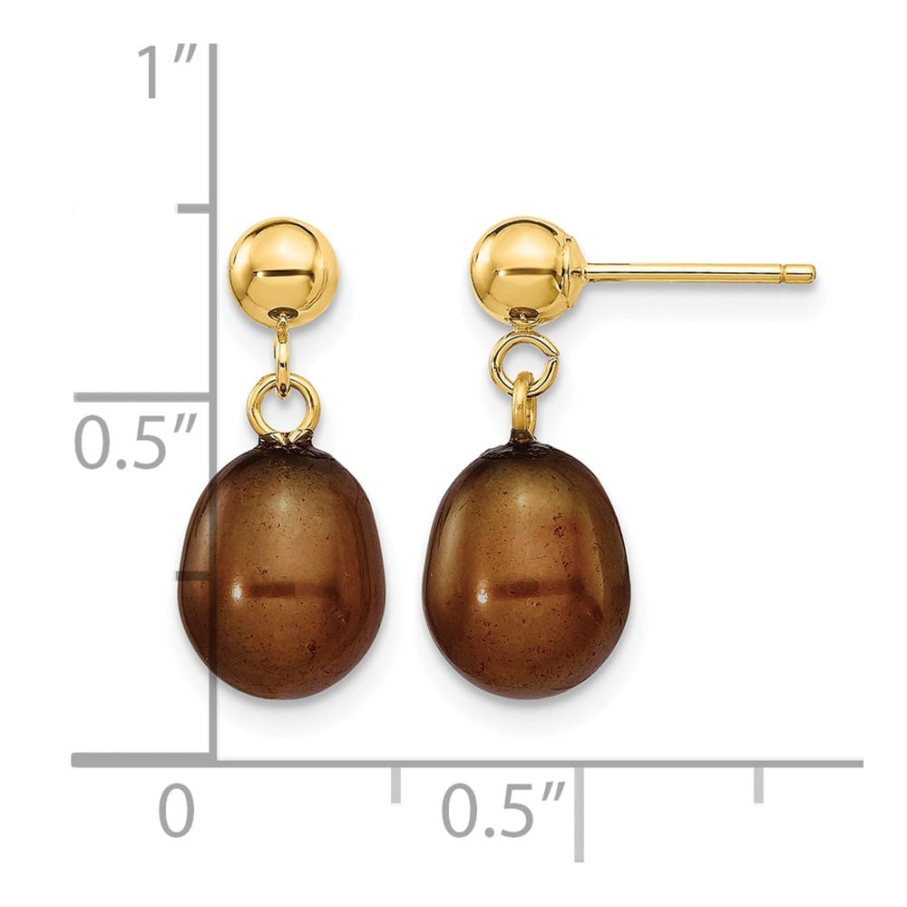 14K Yellow Gold 7-8mm Brown Rice Freshwater Pearl Dangle Post Earrings