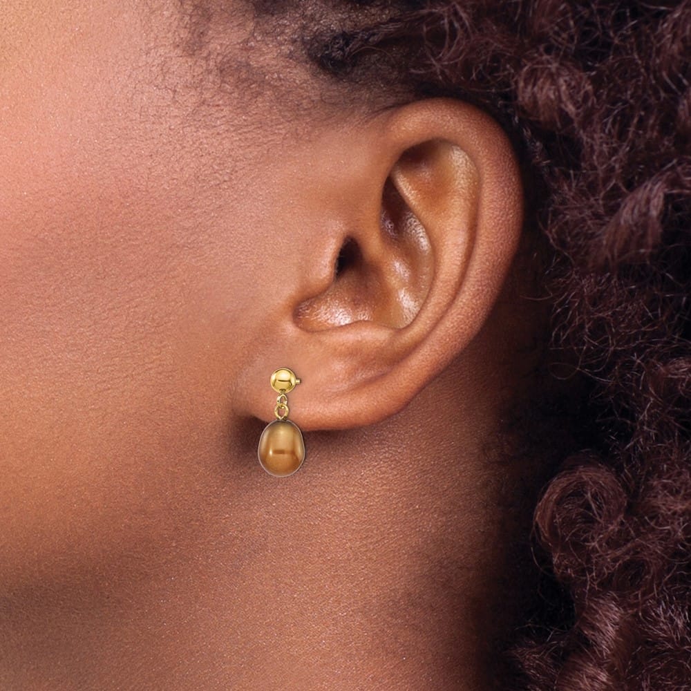 14K Yellow Gold 7-8mm Brown Rice Freshwater Pearl Dangle Post Earrings