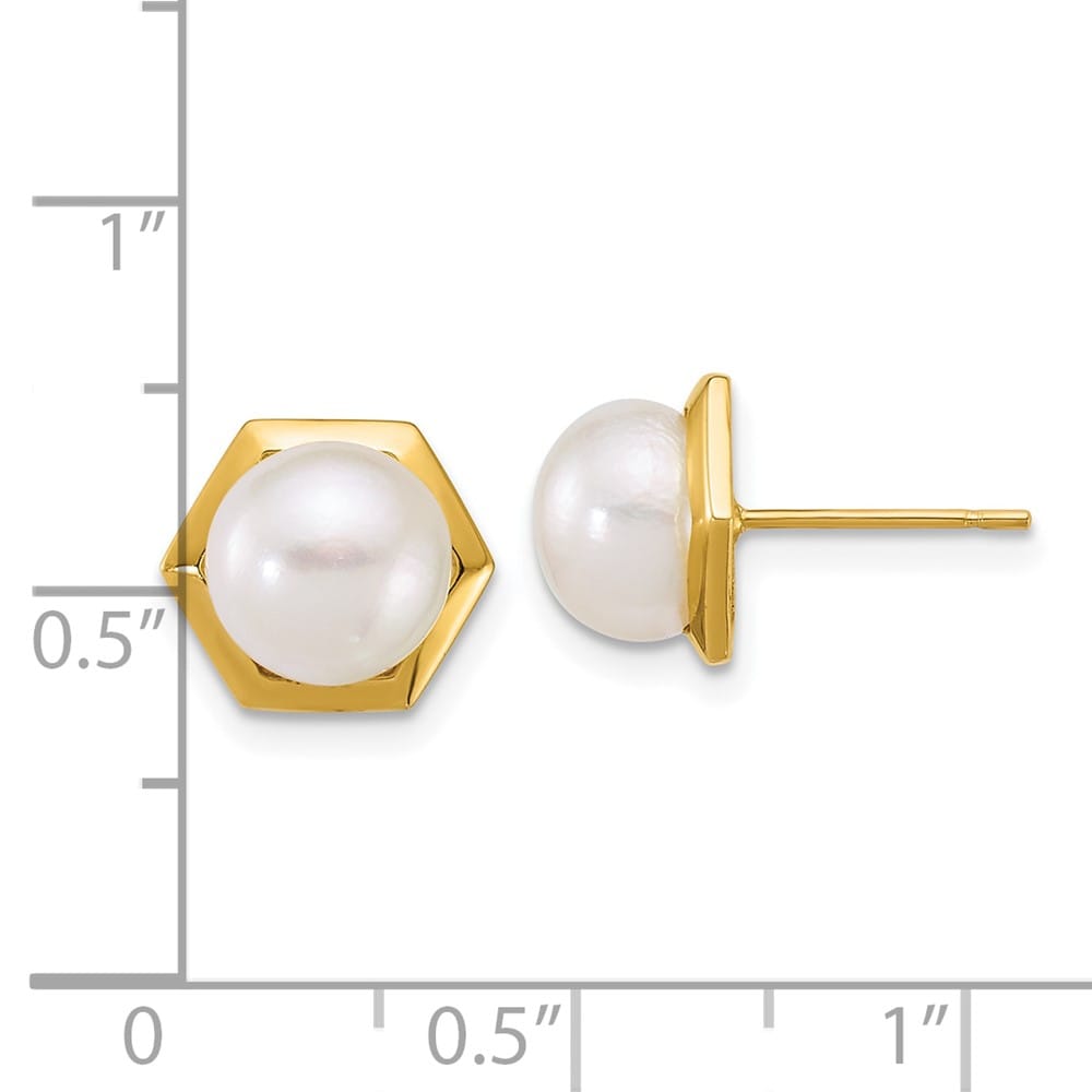 14K Yellow Gold 7-8mm Button White Freshwater Pearl Hexagon Earrings