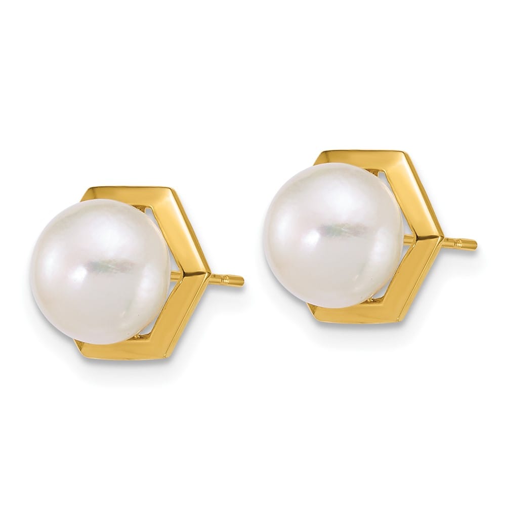 14K Yellow Gold 7-8mm Button White Freshwater Pearl Hexagon Earrings