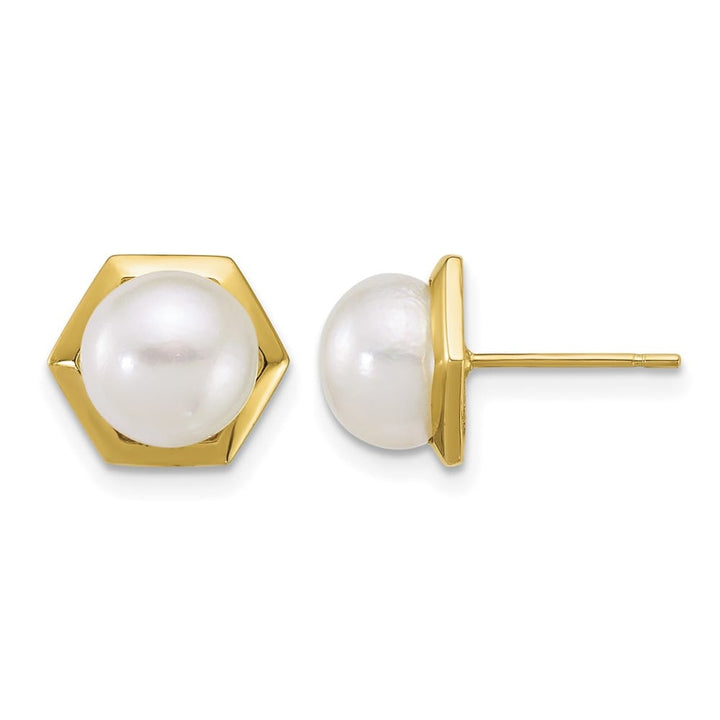 14K Yellow Gold 7-8mm Button White Freshwater Pearl Hexagon Earrings