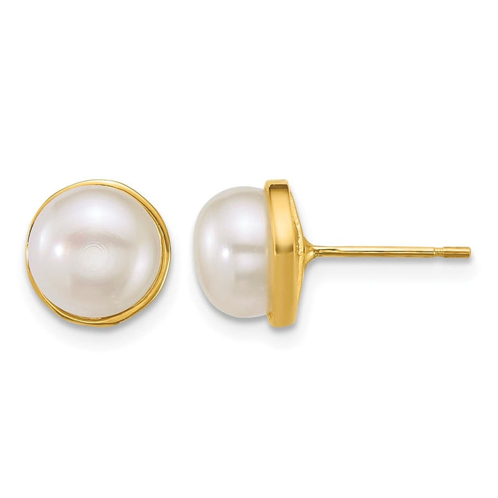 14K Yellow Gold 7-8mm Button White Freshwater Pearl Post Earrings