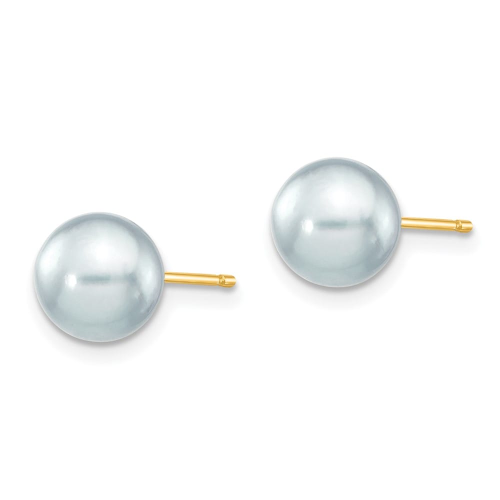 14K Yellow Gold 7-8mm Gray Round Akoya Saltwater Pearl Post Earrings, view 2 of 4