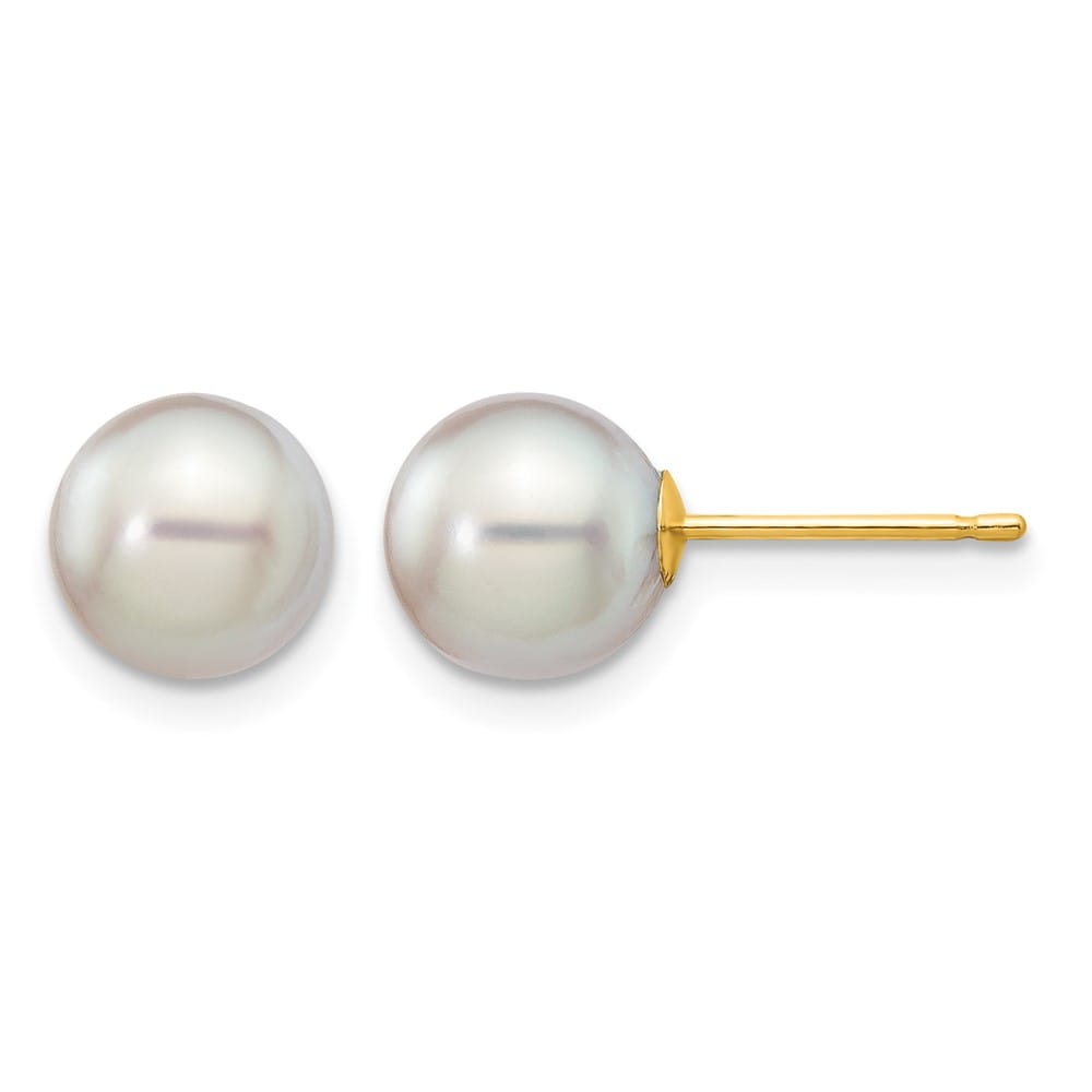 14K Yellow Gold 7-8mm Gray Round Akoya Saltwater Pearl Post Earrings, view 1 of 4