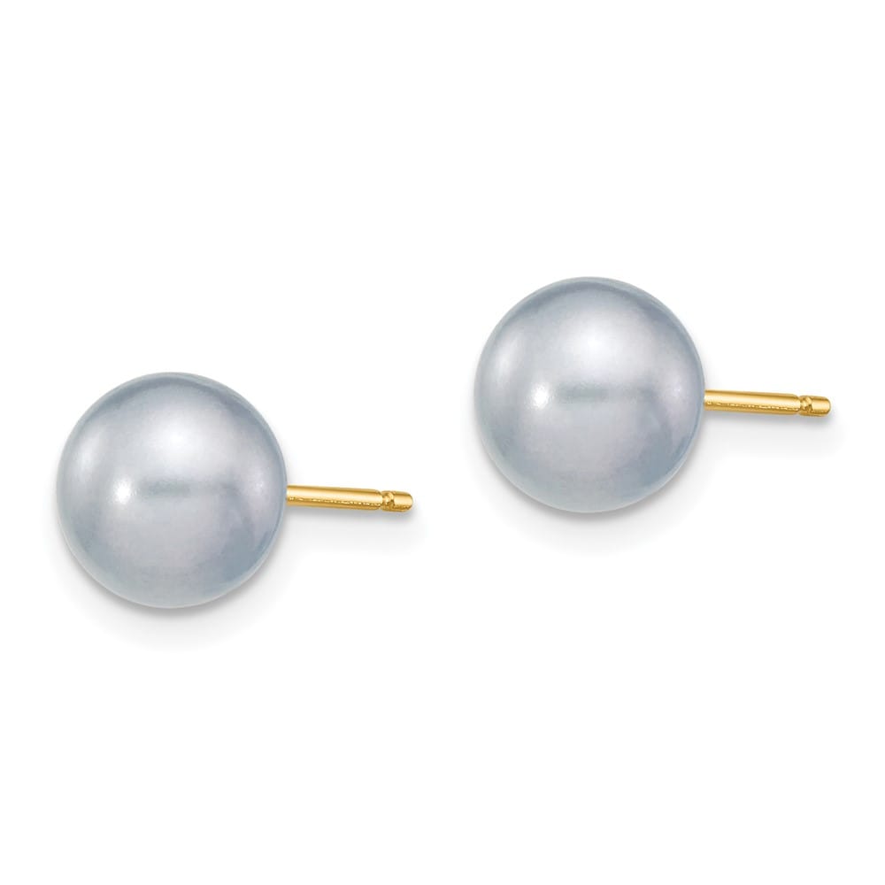 14K Yellow Gold 7-8mm Gray Round Freshwater Pearl Stud Post Earrings, view 2 of 4