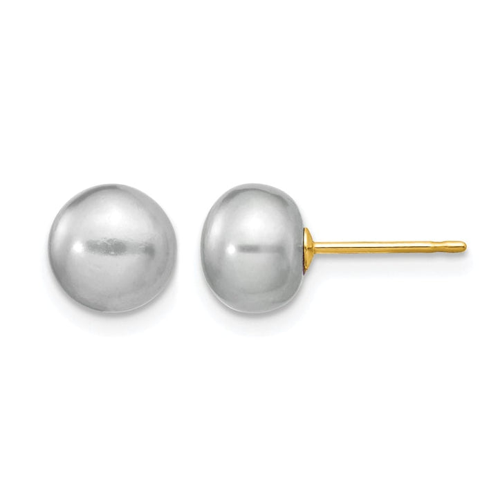 14K Yellow Gold 7-8mm Grey Button Freshwater Pearl Stud Post Earrings