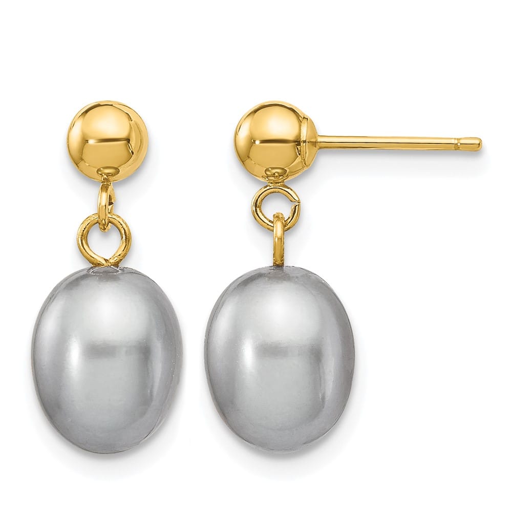 14K Yellow Gold 7-8mm Grey Rice Freshwater Pearl Dangle Post Earrings