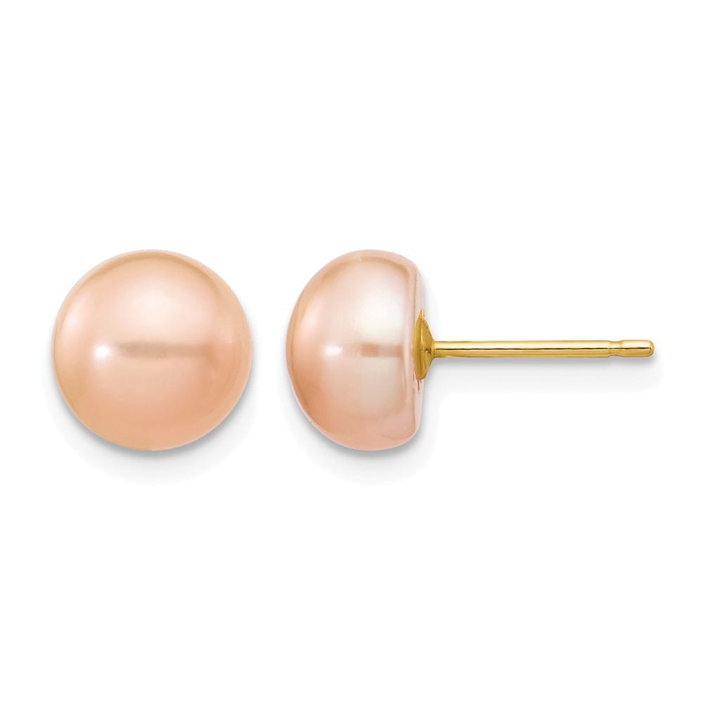 14K Yellow Gold 7-8mm Pink Button Freshwater Pearl Stud Post Earrings