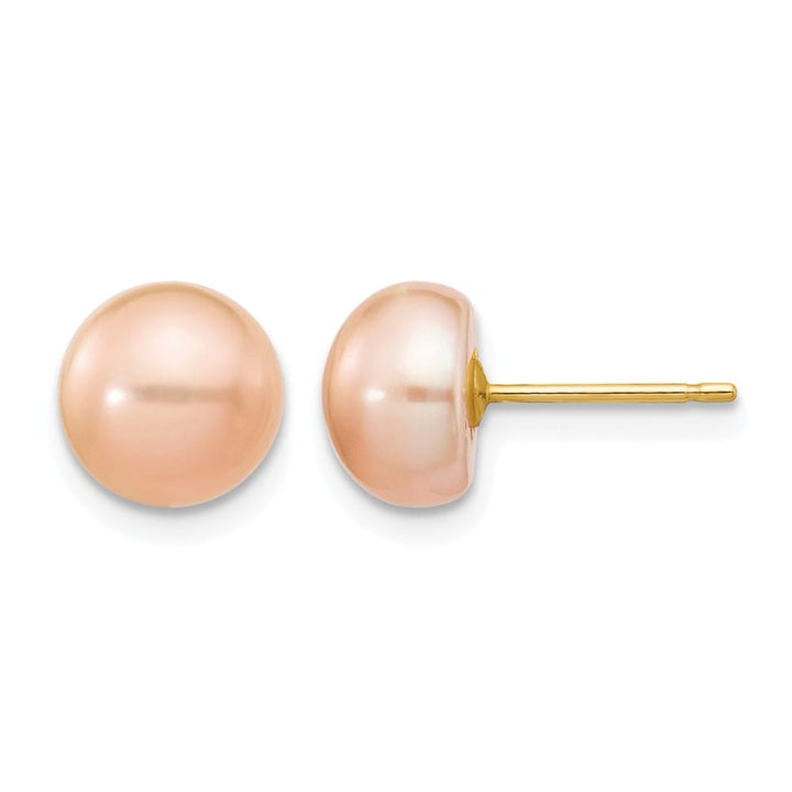 14K Yellow Gold 7-8mm Pink Button Freshwater Pearl Stud Post Earrings