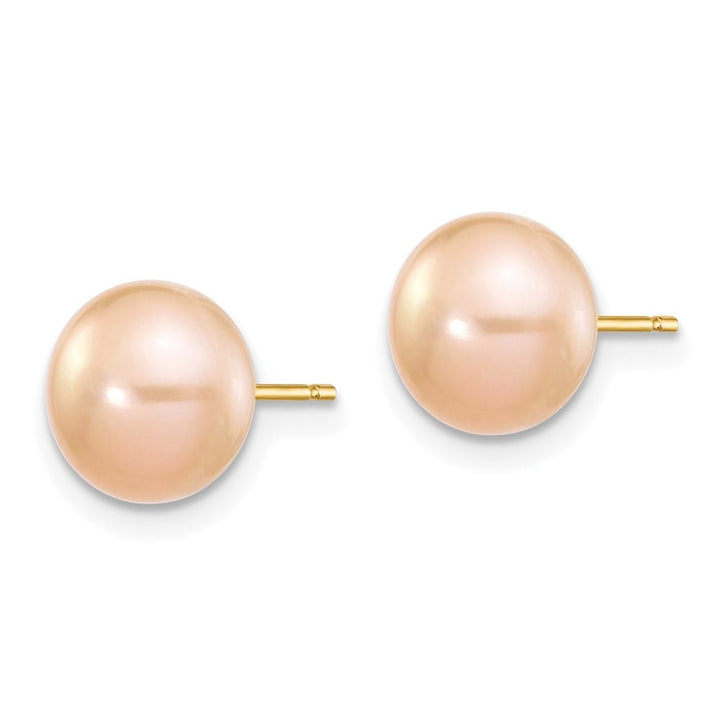 14K Yellow Gold 7-8mm Pink Button Freshwater Pearl Stud Post Earrings