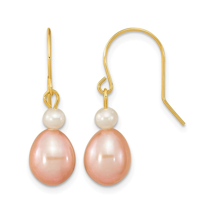 14K Yellow Gold 7-8mm Pink Rice and White Round Freshwater Earrings