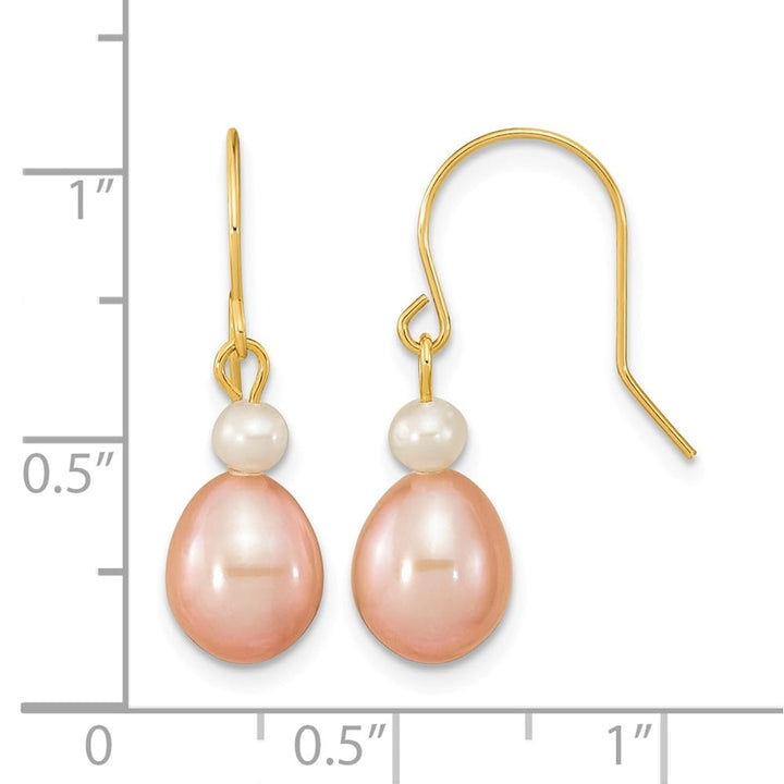 14K Yellow Gold 7-8mm Pink Rice and White Round Freshwater Earrings