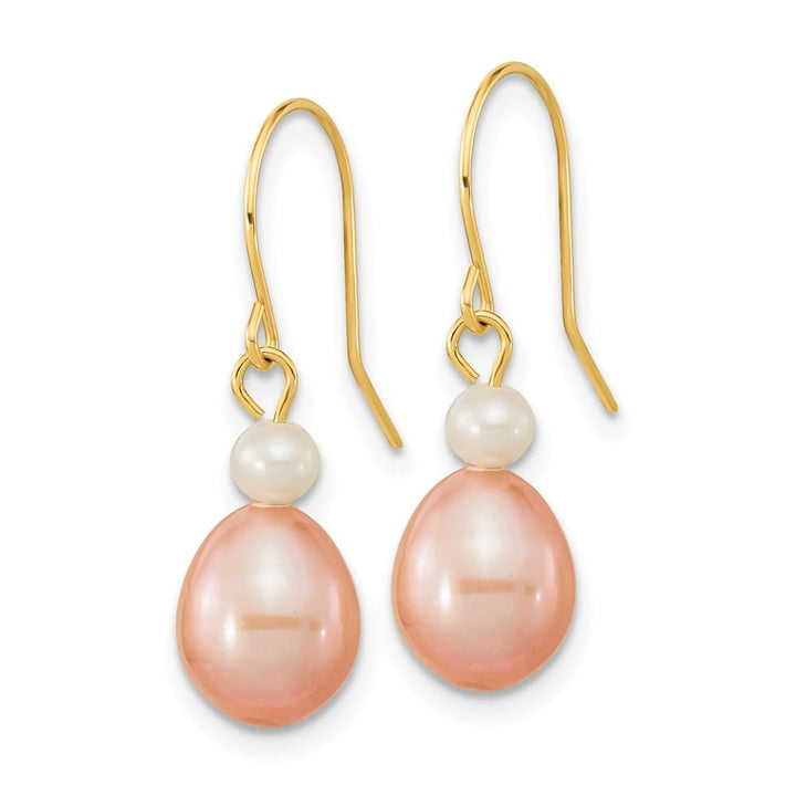 14K Yellow Gold 7-8mm Pink Rice and White Round Freshwater Earrings
