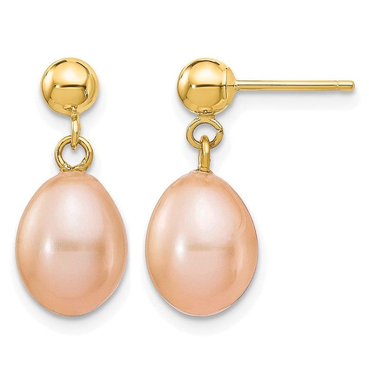 14K Yellow Gold 7-8mm Pink Rice Freshwater Pearl Dangle Post Earrings