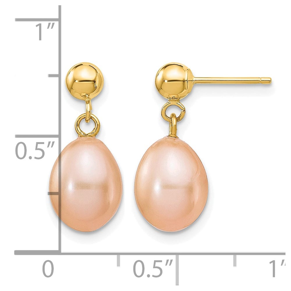 14K Yellow Gold 7-8mm Pink Rice Freshwater Pearl Dangle Post Earrings