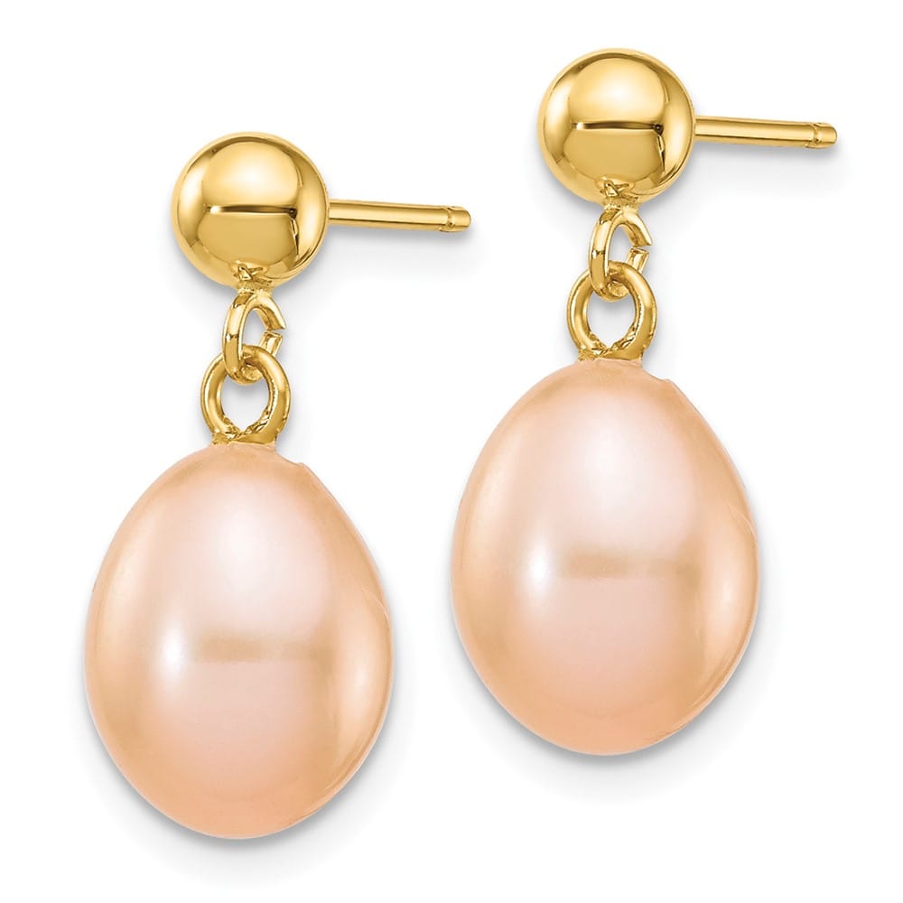 14K Yellow Gold 7-8mm Pink Rice Freshwater Pearl Dangle Post Earrings